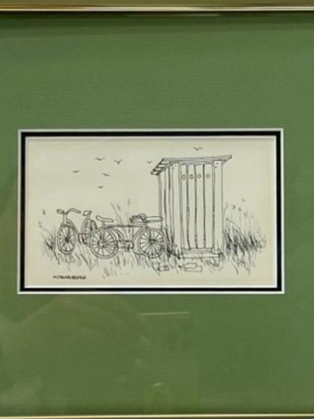 M.J. Blakebrough Framed Print - Whimsical Outhouse & Bicycles Pen & Ink Sketch - Picture 3 of 4